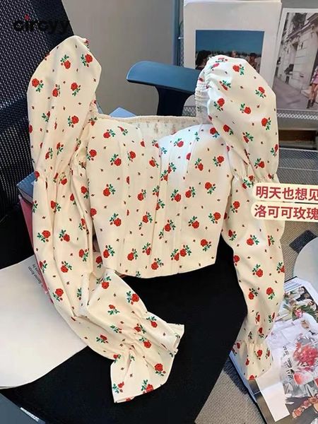 

t-shirt circyy women blouse floral french vintage 2022 shirt square collar long puff sleeve fashion clothes summer sweet short, White