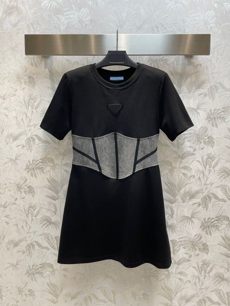 

2023 casual dresses designer summer high waist cotton solid patchwork short dress women ladies short sleeve o-neck mini dresses, Black;gray