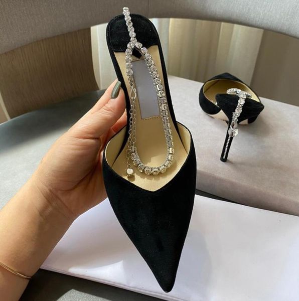 

designer women high heel 85cm sandals satin silk upper genuine leather sole pointed toe pump crystal chain decoration with box5016107, Black