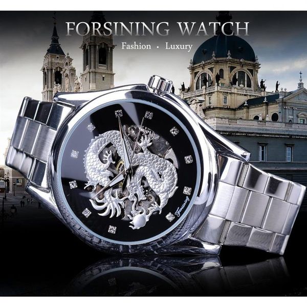 

forsining diamond montre design silver stainless automatic dragon display men homme luxury watches wrist brand classic steel h3062, Slivery;brown