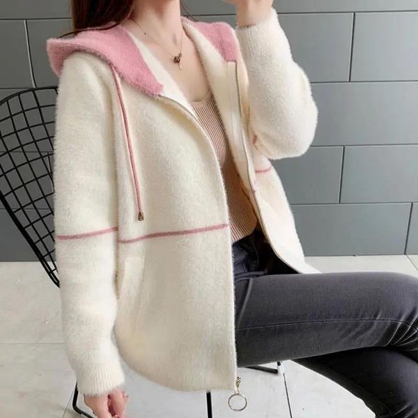 

sweaters casual hooded mink cashmere jacket women autumn winter korean loose long sleeve sweater coat fashion zipped knitted cardigan top, White;black