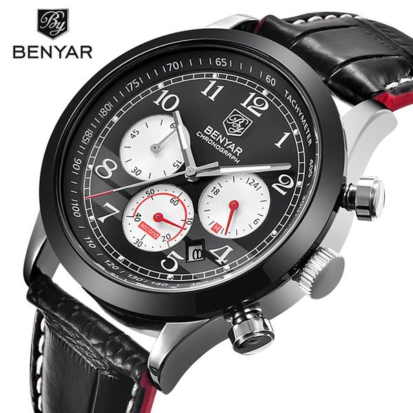 

benyar brand sport waterproof chronograph men watch brand luxury male leather quartz military wrist watch men clock saat281k, Slivery;brown