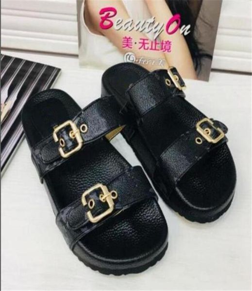 

luxury belt buck women sandals brown leather rubber flat slipper beach slide fashion scuffs slippers summer shoes size 36411513301, Black