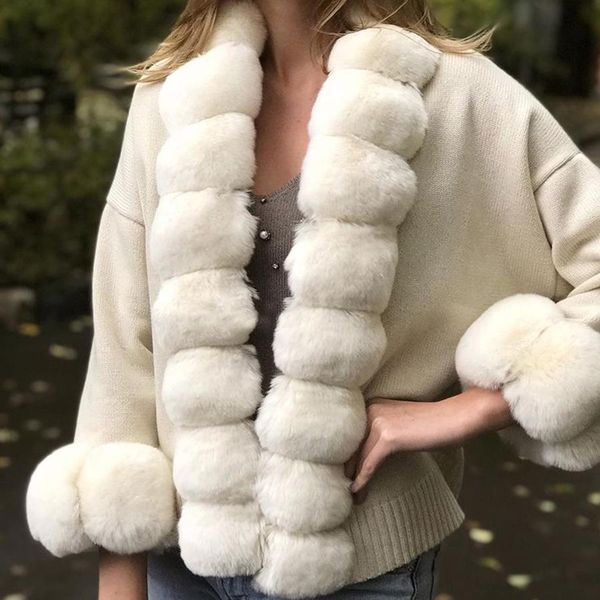 

fur knitted cardigan with real rex rabbit fur trim sweater women elegant fashion coat, Black