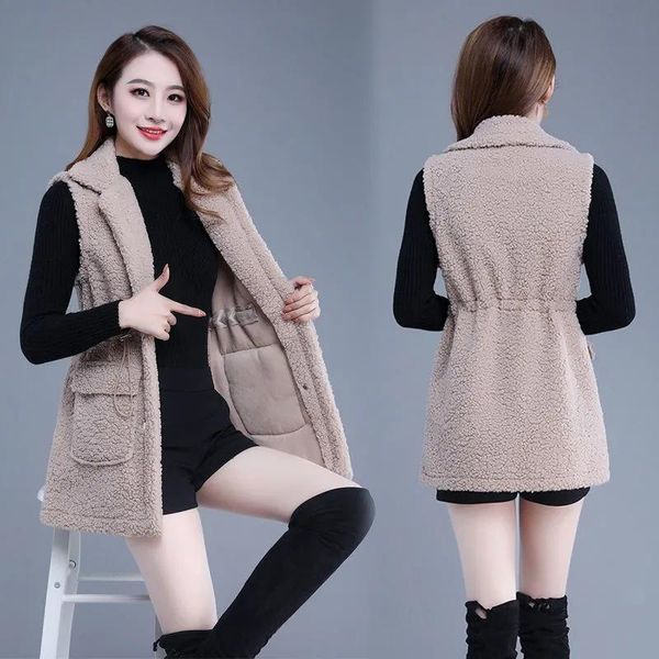 

vests lamb wool waistcoat women spring autumn fashion sleeveless vest jacket drawstring solid gilet cardigan buttons chaleco mujer, Black;white
