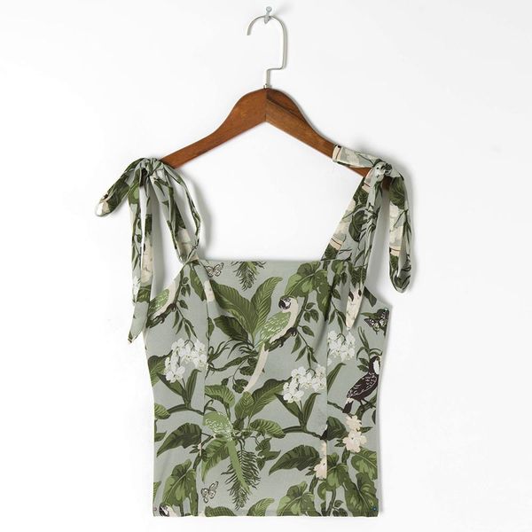 

t-shirt summer camisole chiffon women 2021 beach style tropical print crop straight neck sleeveless tie strap cami top, White