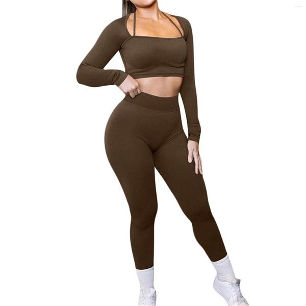 

Women' Two Piece Pants 2023 Women Yoga Clothes Outfits Solid Color Long Sleeve Crop Tops High Waist Leggings Tracksuits, Auburn