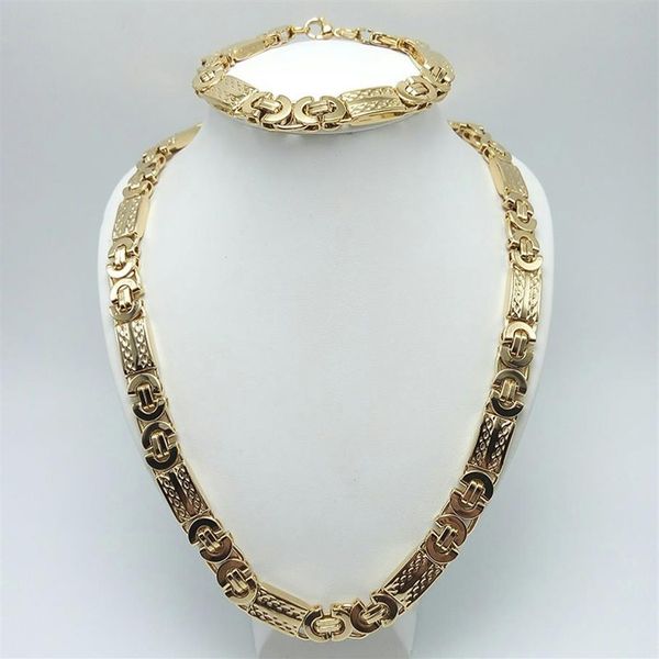 

11mm width fashion silver stainless steel necklace and bracelet customized 18k gold plated flat byzantine jewelry set for men2413