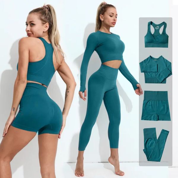 

new fashion yoga outfits 2 3 4pcs seamles set workout sportswear gym clothes fitness long sleeve crop high waist leggings sports suit 23, White;red