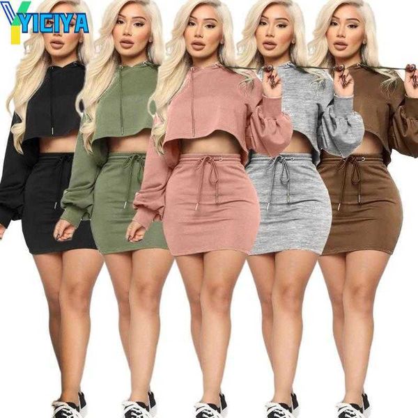 

yiciya 2021 spring autumn tracksuits two pcs skirts set women hooded long sleeve sweatshirt crop and mini skirt club 2 piece outfits, Gray