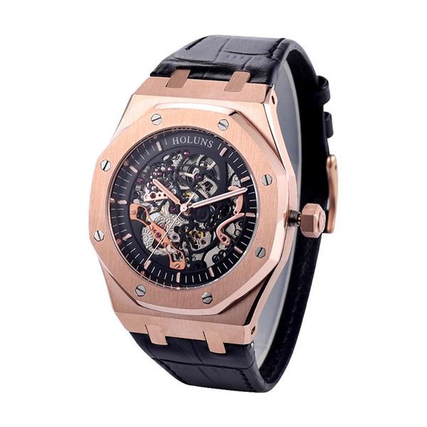 

2021 holuns designer watches 42mm hollow literal sapphire glass leather strap deep waterproof super luminous man watch reloj de lu291i, Slivery;brown