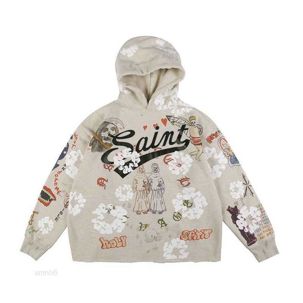 

saint michael hand-painted aged graffiti hoodie ins graffiti sweater, Black
