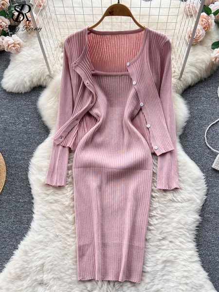 

dress singreiny korean style sweet fashion knitted sets long sleeve knit cardigan slim camis dress ladies autumn two pieces suits, White