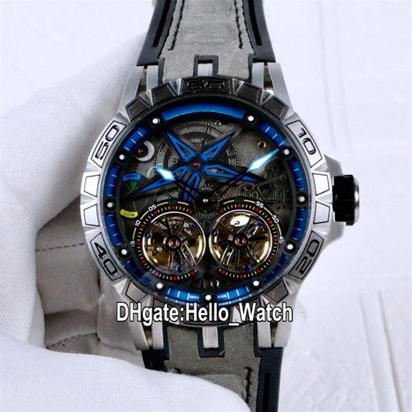 

new excalibur 46 pvd rddbex0481 double tourbillon automatic mens watch black dial blue inner steel case gray leathre watches hello2146, Slivery;brown