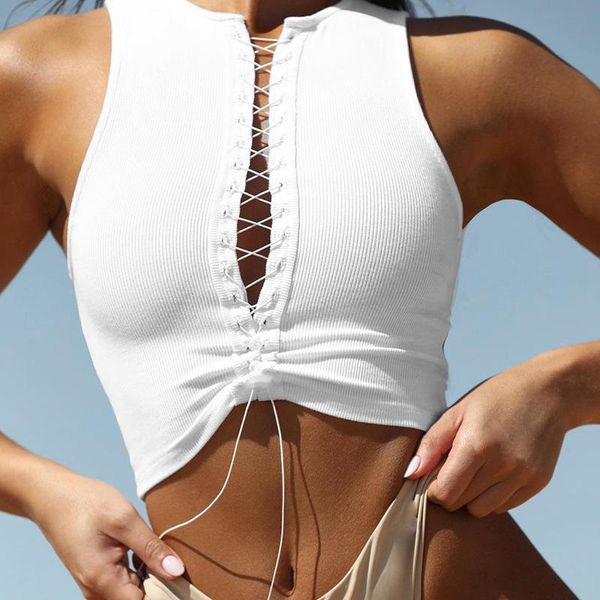 

tanks bandage vest women's solid crew neck sleeveless tank feamle fashion streetwear crop top, Black;white