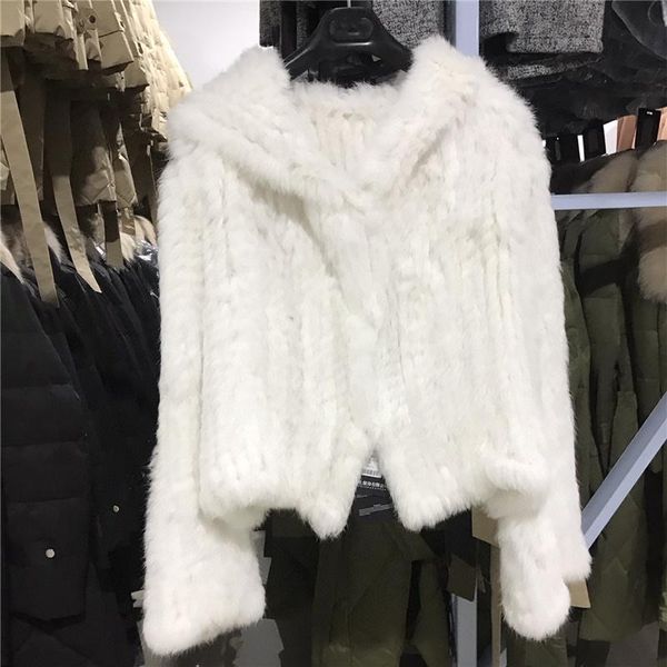 

fur winter women real rabbit fur hooded coat casual knitted shawl fur coat hooded fur jackets, Black
