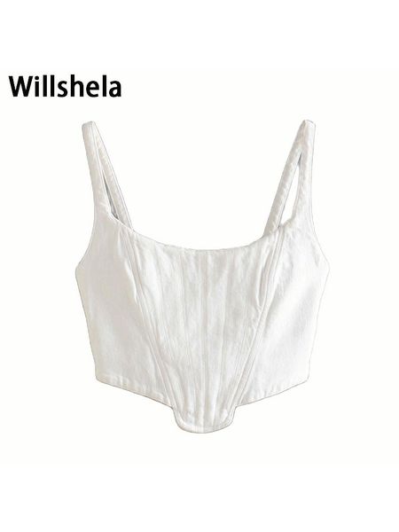 

t-shirt willshela women fashion solid back zipper corset cropped vintage thin straps halter neck female chic lady crop top, White
