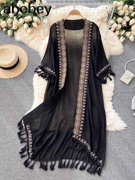 

raincoats retro embroidery sun protection shirt women summer casual loose streetwear chiffon long sun protection cardigan 2022, Black
