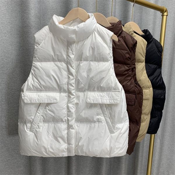 

parkas 2022 winter autumn women's stand collar solid color sleeveless causal warm vest fashion loose chic white duck down coat, Black