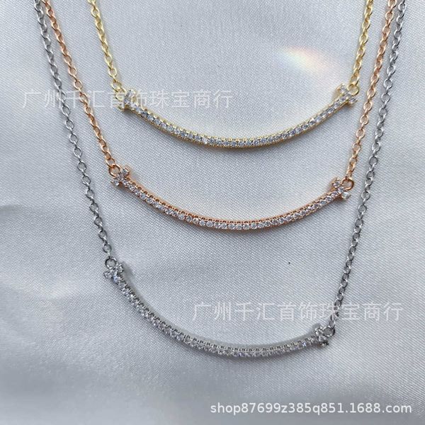 

v gold version tiffy smile necklace medium size full diamond female high plate with smiling face small clavicle chain live broadcast, Black