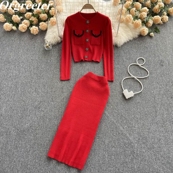 

two piece dress sweater cardigan jacket long skirt two piece set women small fragrance temperament crop bodycon skirt knitted suit female 23, White