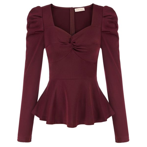 

t-shirt bp women knotted bodice vintage legofmutton sleeves square vneck blouse peplum hem long sleeve hidden zip at back, White