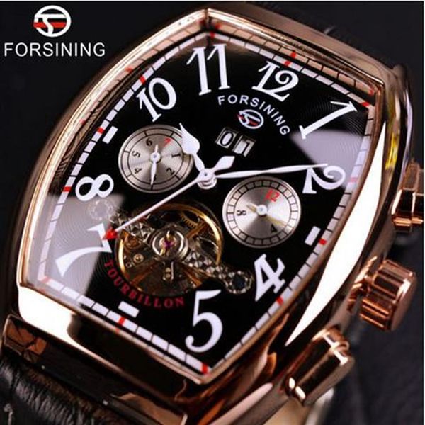 

forsining square mechanical design rose gold case white dial brown leather strap mens watches brand luxury automatic watch257m, Slivery;brown