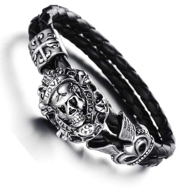 

european fashion punk skull night club stainless steel genuine cowhide leather bracelet wristband men jewellery present gift8418307, Golden;silver