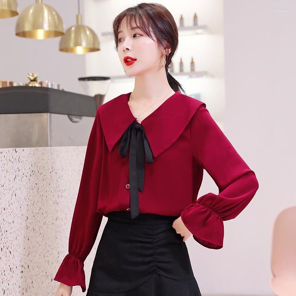 

Women' Blouses #2036 Spring 2023 Red Chiffon Shirts Blouse Women Preppy Style Harajuku Cute Long Sleeves Womens Tops And Bow Collar