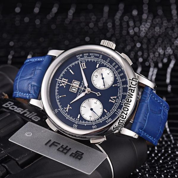 

new steel case 42mm gig dage datograph 403 035 blue dial hand-winding automatic mens watch blue leather strap sport watches timezo2263, Slivery;brown