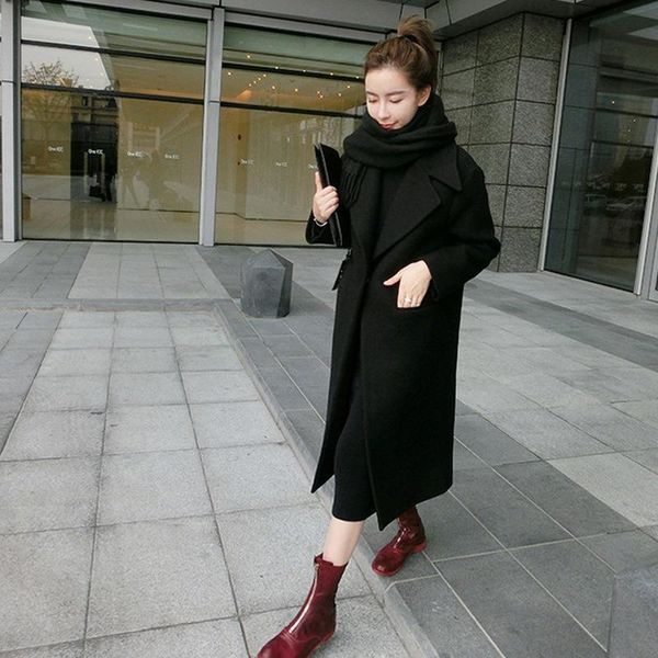 

fur 2020 new autumn woolen women coat long sleeve turndown collar female blends winter casual elegant wool coat women, Black