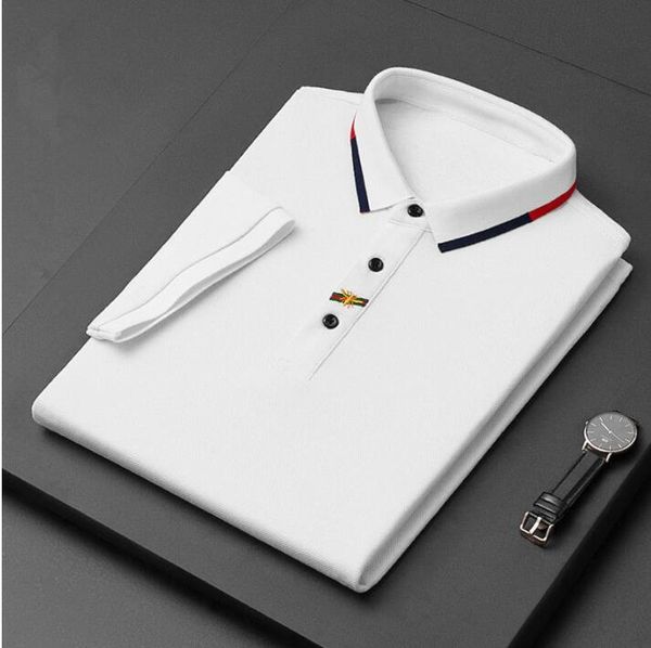 

plus 3xl size multi embroidery polo shirts man fashion bee design ribbed sleeves split hem stretch polos male, White;black