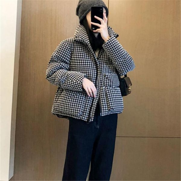 

leather winter coat women's new houndstooth parker jacket stand collar pocket zipper thickened cropped fashion female clothing zm261, Black