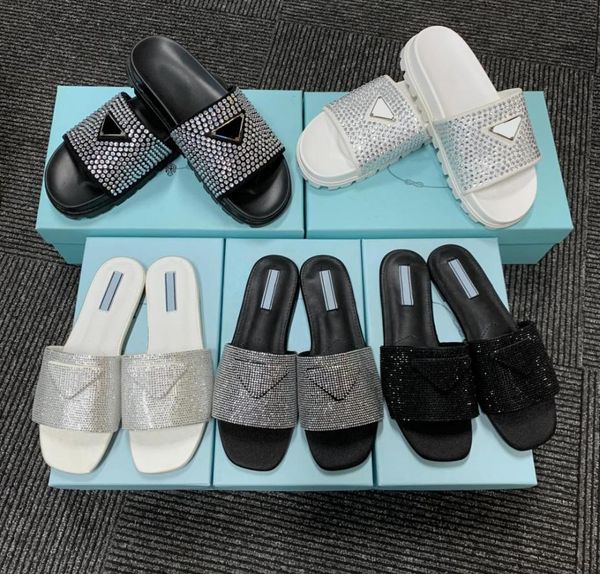 

new style satin sandals with crystals with women muller slippers flat diamond sandal rubber sole casual fashion party woman sizes 1637001, Black