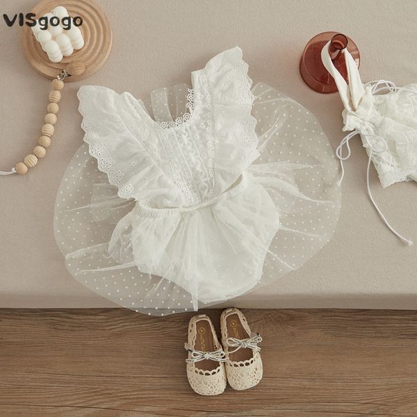 

rompers visgogo baby girls romper dress princess born fly sleeve round neck mesh lace layers skirt floral jumpsuits birthday clothes 230421, Blue