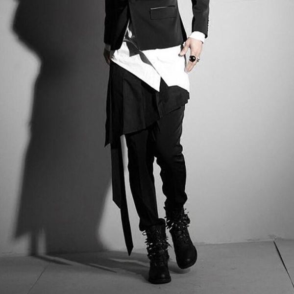 

pants men irregular design punk hip hop skirt pants black pleated apron men harajuku nightclub dj singer stage clothing gothic costume