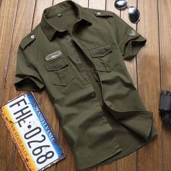 

men's casual shirts military shirt men tactics short sleeve summer solid color 100% cotton pocket 5xl plus size man clothes 230421, White;black