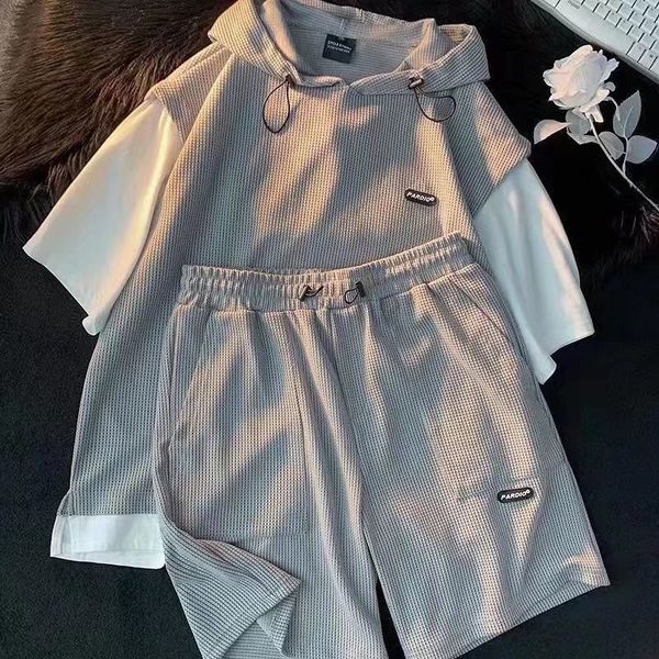 

men's tracksuits summer sports suit breathable casual wear wild high street fake twopiece waffle tshirt simple shorts 230421, Gray