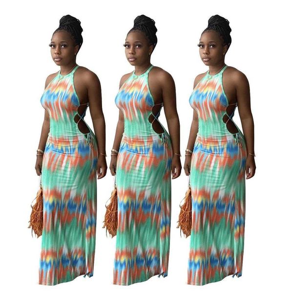 

womens color dress tie dye striped printed lace up halterneck, Black;gray