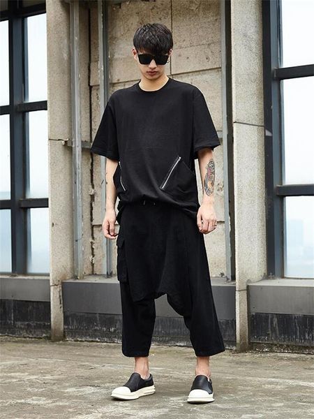 

pants men's hanging crotch pants spring and summer new linen thin deep black japanese fashion tide men's leisure large size down p