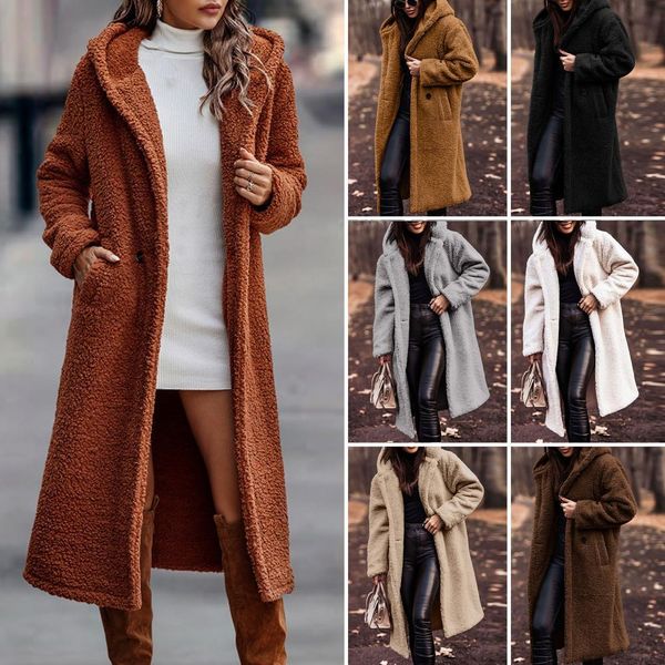

vests women winter coat thick solid color hooded hat long sleeve keep warm woolen midcalf length lady overcoat clothes for outdoor, Black;white
