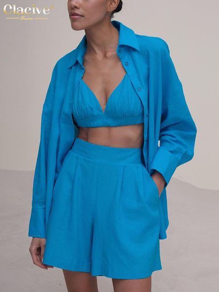 

dress clacive fashion long sleeve blouse + bra womens three peice sets casual loose blue cotton high waist shorts suits female set, White