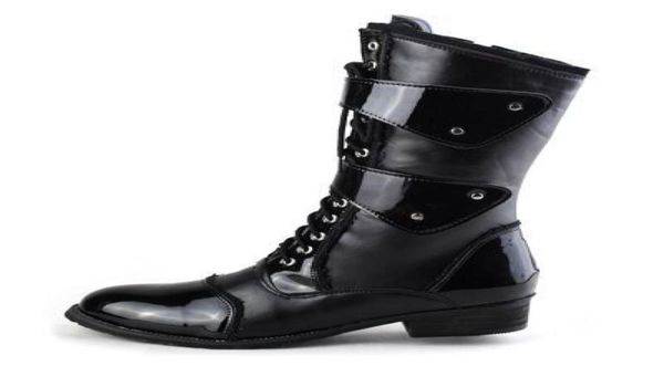 

new design fashion tide mid half boots for men lace up with buckle motorcycle boot man dressing up pu leather cowboy martin boot s2319856, Black