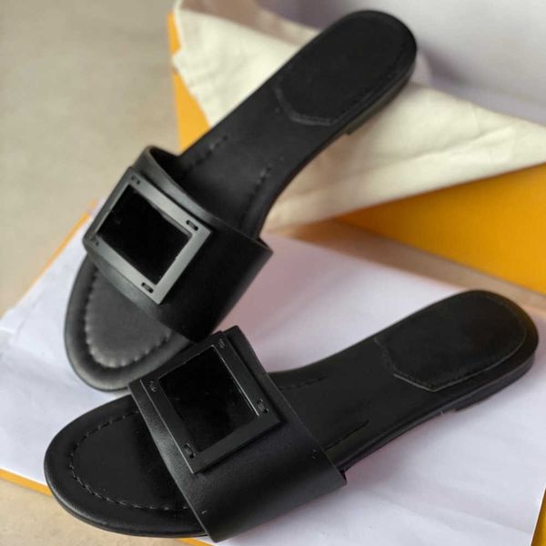 

designer signature slides slippers women pure color banded flats sandals leather embellished baguette pattern ladies letter beach flip flops, Black