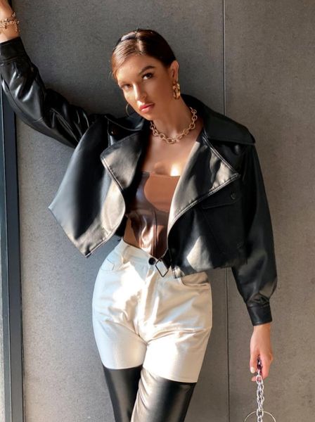 

jackets new women faux leather jacket spring autumn turn down collar black leather coat ladies casual loose biker moto jackets outwear, Black;brown