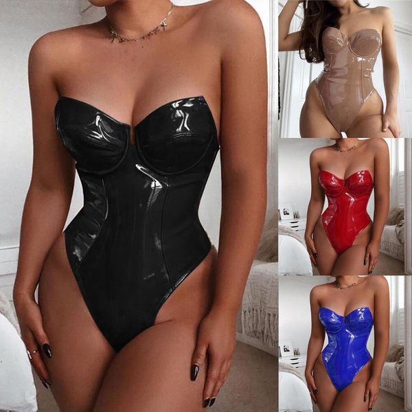 

womens tshirt drop plus size bodysuit women fashion solid color patent leather corset jumpsuit lingerie party bar tempting 230420, White