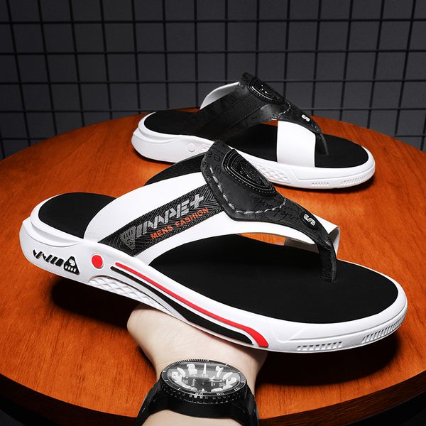 

slippers cyytl men flip flops casual summer sandals slippers leather platform outdoor beach male shoes non-slip indoor luxury sports flat 23, Black
