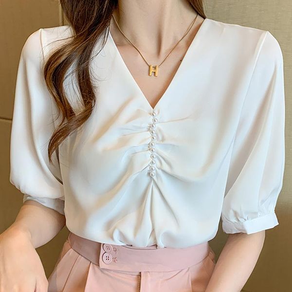 

t-shirt blouse women blouses short sleeve white blouse women blusas mujer de moda 2022 beading vneck chiffon blouse shirt e894