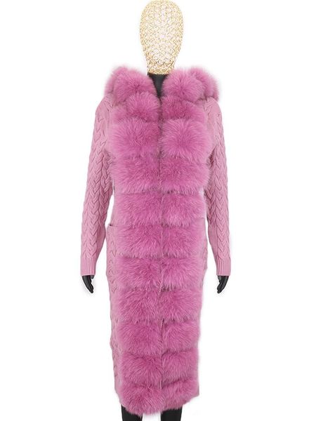

fur women real fox fur hooded knitted sweater autumn winter sweater women long sleeve warm lady knitwear clothes removable cardigan, Black