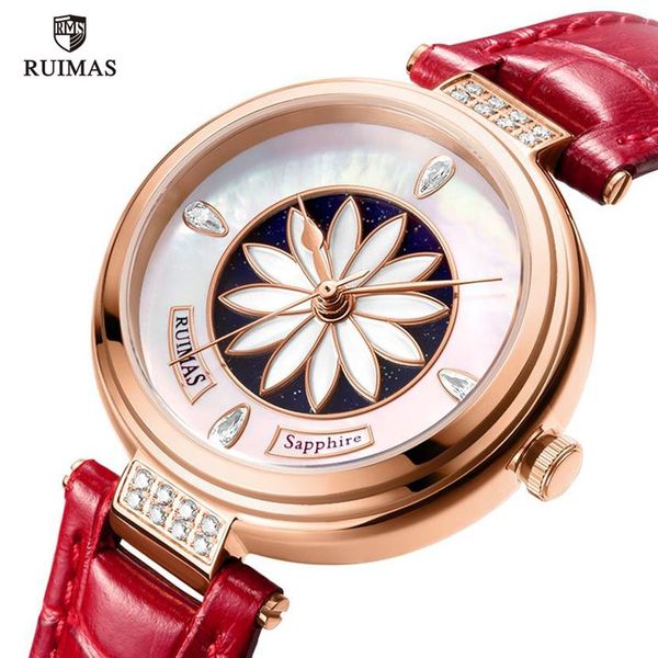 

ruimas women watches luxury red leather strap automatic wristwatch flower dial mechanical watch lady girls waterproof clock 6776288n, Slivery;brown